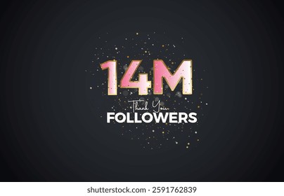 14M isolated on pink background with sparkling confetti, Thank you followers peoples, golden, Black number 14M online social group, 15M