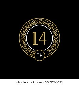 14st anniversary logo with gold and white frame and color. on black background