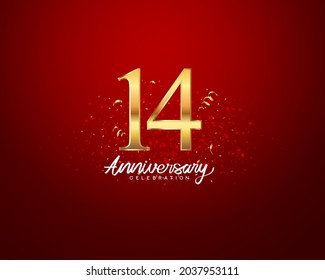 14th anniversary background with 3D number illustration golden numbers and Anniversary Celebration text with golden confetti on red background.