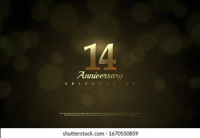 14th anniversary background with illustrations of gold colored figures and golden light effects.