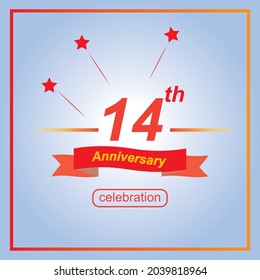 14th anniversary banner, in 14 years anniversary concept template design vector, decorated with red ribbon and stars