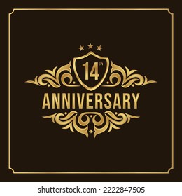 14th anniversary card. Beautiful greeting banner poster and golden logo with gold text word and gold number.