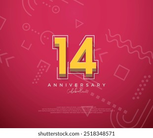 14th Anniversary with a cartoon design with a clean red background. Premium vector for poster, banner, celebration greeting.