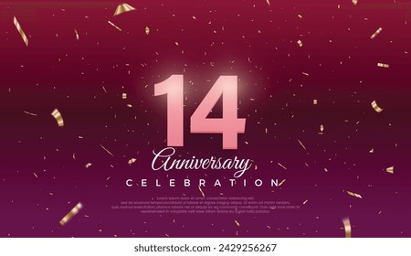 14th Anniversary celebration, 14 Anniversary celebration, Dark purple background, festive illustration,Realistic 3d sign, stars, Pink number with red ribbon 14 sparkling confetti, 14,15