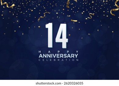 14th Anniversary celebration, 14 Anniversary celebration, Dark Blue background, festive illustration, White Number, 4 sparkling confetti, 14,15 