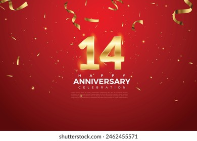 14th Anniversary celebration, 14 Anniversary celebration On Red background for celebration event, festive illustration, Golden number 14 sparkling confetti, 14,15 