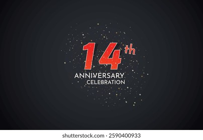 14th Anniversary celebration, 14 Anniversary celebration, Realistic 3d sign, Black background, festive illustration, White Red number 14 sparkling confetti, 14,15 