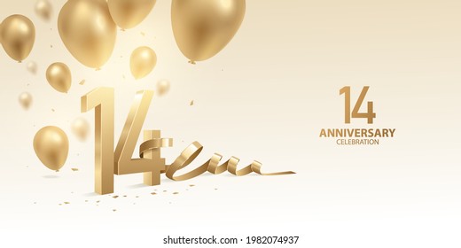 14th Anniversary celebration background. 3D Golden numbers with bent ribbon, confetti and balloons.