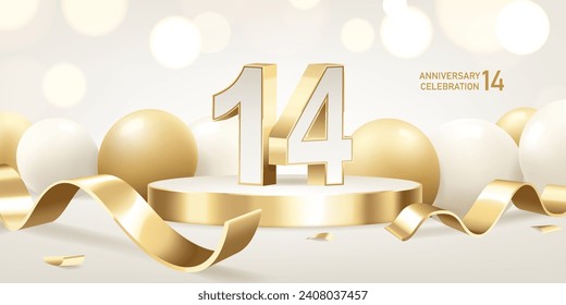 14th Anniversary celebration background. Golden 3D numbers on round podium with golden ribbons and balloons with bokeh lights in background.