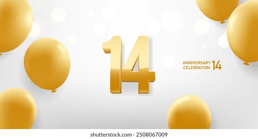 14th Anniversary celebration background. Golden 3D numbers on white background with golden balloons and bokeh lights in background.