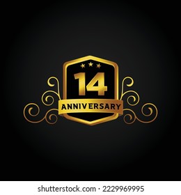 14th anniversary celebration background. Vector illustration, Beautiful greeting banner poster and golden logo with gold text word and gold number.
