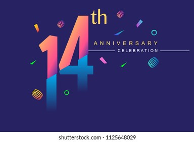 14th anniversary celebration with colorful design, modern style with ribbon and colorful confetti isolated on dark background, for birthday celebration
