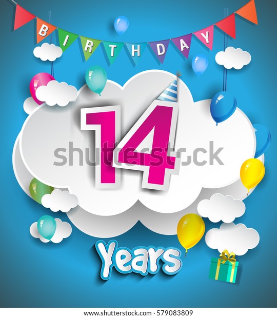 14th Anniversary Celebration Design Clouds Balloons Stock Vector ...