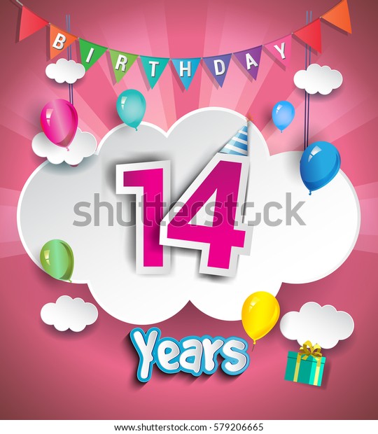 14th Anniversary Celebration Design Clouds Balloons Stock Vector ...