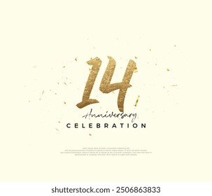 14th anniversary celebration, with gold glitter numbers. Premium vector background for greeting and celebration.