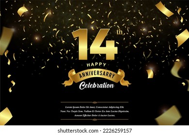 14th anniversary celebration Gold numbers with dotted halftone, shadow and sparkling confetti. modern elegant design with black background. for wedding party event decoration.