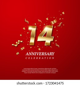 14th Anniversary celebration. Golden number 14 with sparkling confetti, stars, glitters and streamer ribbons on red background. Vector festive illustration. Birthday or wedding party event decoration