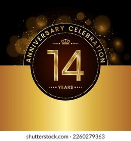 14th Anniversary Celebration. logo design with golden numbers and text for birthday celebration event, invitation, wedding, greeting card, banner, poster, flyer, brochure. Logo Vector Template