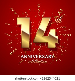 14th Anniversary Celebration. logo design with golden numbers and text for birthday celebration event, invitation, wedding, greeting card, banner, poster, flyer, brochure. Logo Vector Template