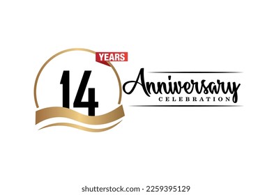 14th anniversary celebration logo vector design with gold black and red color on white background cute black color font   
