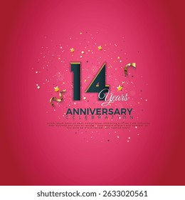 14th Anniversary celebration, anniversary logotype, 14 Anniversary celebration, Realistic 3d sign, stars, festive illustration, Pink background with Dark Blue number 14,15 