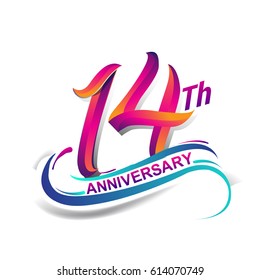 14th anniversary celebration logotype blue and red colored. fourteen years birthday logo on white background.