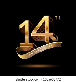 14th Anniversary celebration logotype colored with shiny gold, using ribbon and isolated on black background