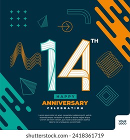 14th anniversary celebration logotype with colorful abstract geometric shape y2k background.