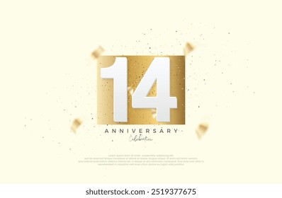 14th anniversary celebration, with numbers on elegant gold paper. Premium vector for poster, banner, celebration greeting.