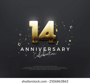 14th anniversary celebration, with shiny gold numbers on a black background. Premium vector background for greeting and celebration.