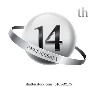 14th anniversary celebration with silver ring on white isolated background