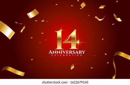 14th Anniversary celebration Vector background by using two colors in the design between gold and red, Golden number 14 with sparkling confetti Realistic 3d sign. Birthday or wedding party