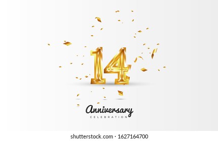 14th Anniversary celebration Vector background by using two colors in the design between gold and white, Golden number 14 with sparkling confetti Realistic gold 3d sign. Birthday or wedding party