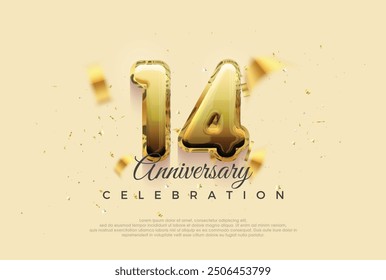 14th anniversary celebration, vector design with shiny gold balloons illustration. Premium vector background for greeting and celebration.