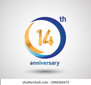 14th anniversary design with blue and golden circle isolated on white background for celebration