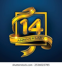 14th Anniversary diseña una cinta dorada envuelta alrededor del número '14' sobre un fondo azul oscuro. Perfecto para celebrar hitos o promover eventos de aniversario con un lujo.