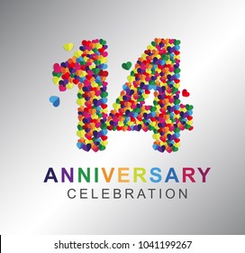 14th anniversary design logotype paper hearts multi-color for celebration