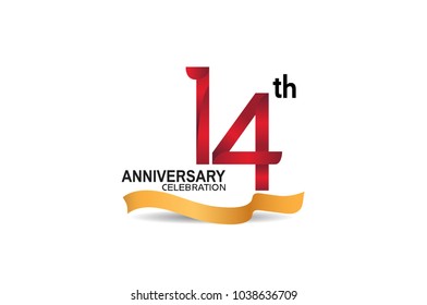 14th anniversary design logotype red color and golden ribbon for celebration isolated on white background