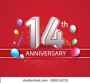 14th anniversary design red background with balloons and confetti for company celebration event 