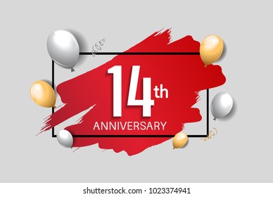 14th anniversary design with red brush, balloons, and square isolated on white background for celebration