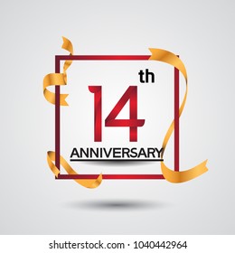 14th anniversary design with red color in square and golden ribbon isolated on white background for celebration