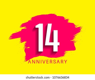14th anniversary flat design pink brush on yellow background for celebration event 