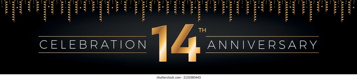 14th anniversary. Fourteen years birthday celebration horizontal banner with bright golden color.