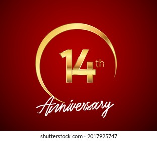 14th anniversary golden color with circle ring isolated on red background for anniversary celebration event.