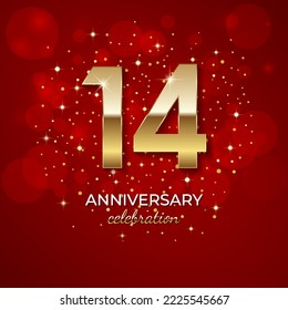 14th Anniversary. Golden number 14 with sparkling confetti and glitters for celebration events, weddings, invitations and greeting cards. Realistic 3d sign. Vector festive illustration