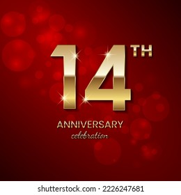 14th Anniversary. Golden number 14 with sparkling confetti and glitter for celebration events, wedding, invitation, greeting card. Vector illustration EPS10