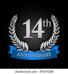 14th anniversary logo with blue ribbon and laurel wreath, vector template for birthday celebration.