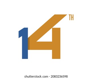 14th anniversary logo design. Birthday number with simple style and two colors, blue and gold. Elegant and minimal