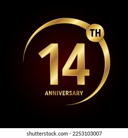 14th anniversary. Anniversary logo design concept with golden ring for anniversary celebration event, invitation card, greeting card, banner, poster, flyer, book cover. Logo Vector Template