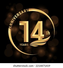 14th Anniversary Logo, Logo design with gold color wings for poster, banner, brochure, magazine, web, booklet, invitation or greeting card. Vector illustration